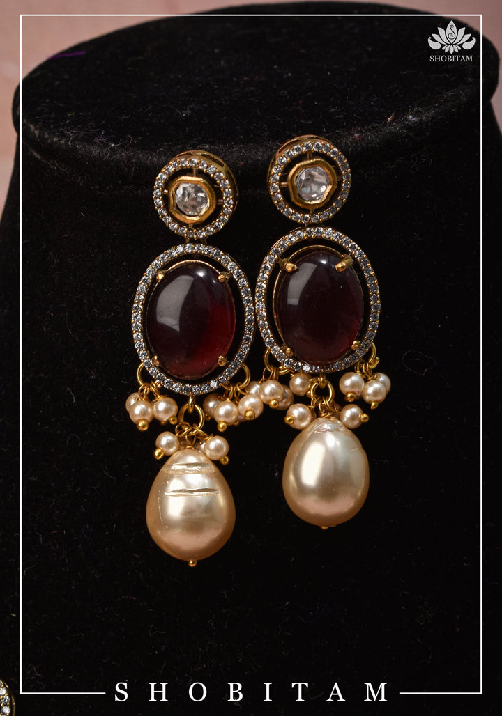 Oval Shape Red stone and Pearl Kundan Necklace Set