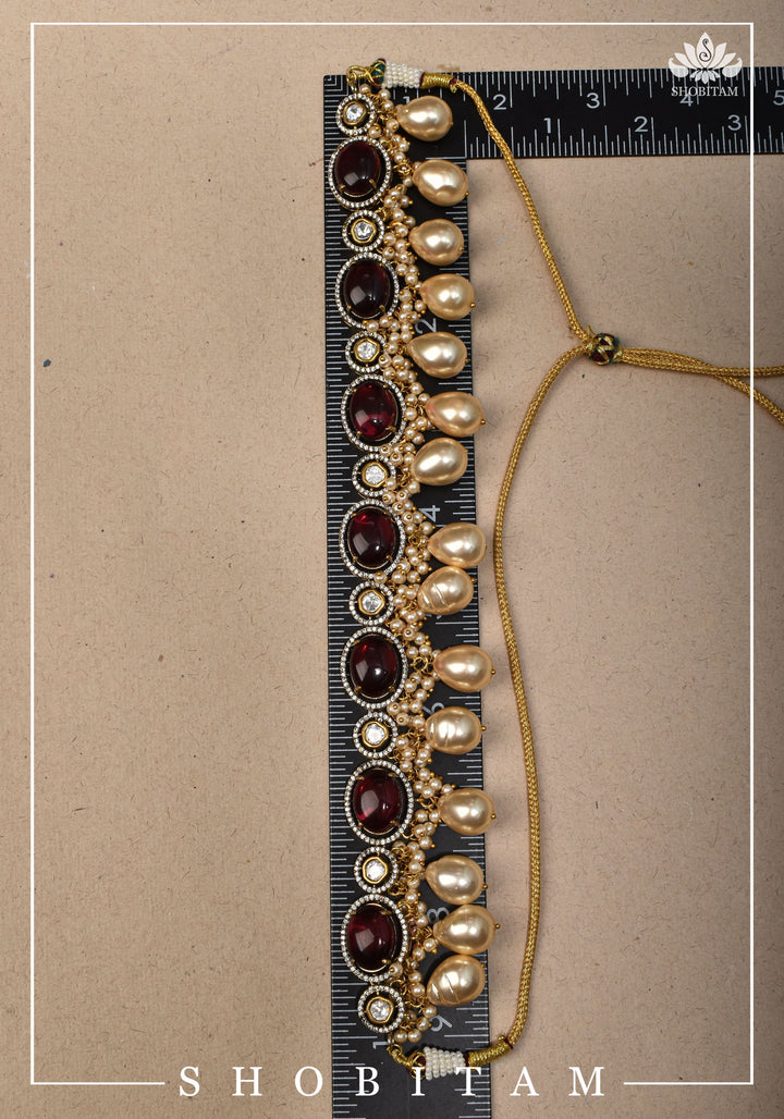 Oval Shape Red stone and Pearl Kundan Necklace Set