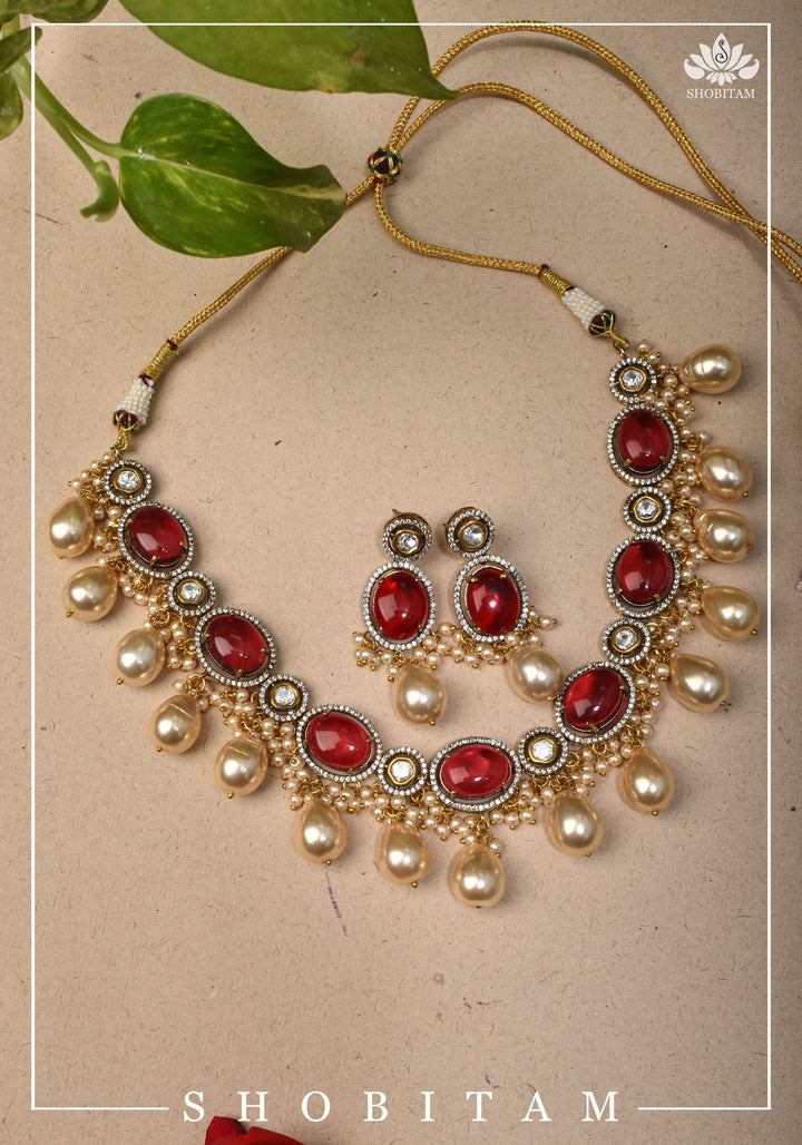 Oval Shape Red stone and Pearl Kundan Necklace Set