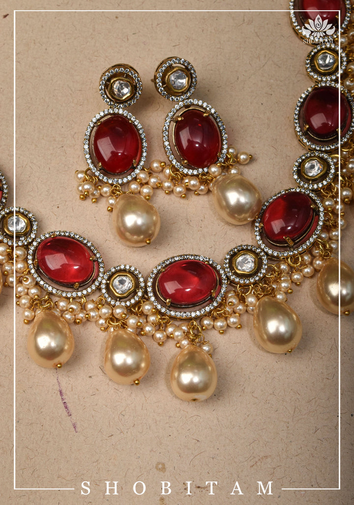 Oval Shape Red stone and Pearl Kundan Necklace Set
