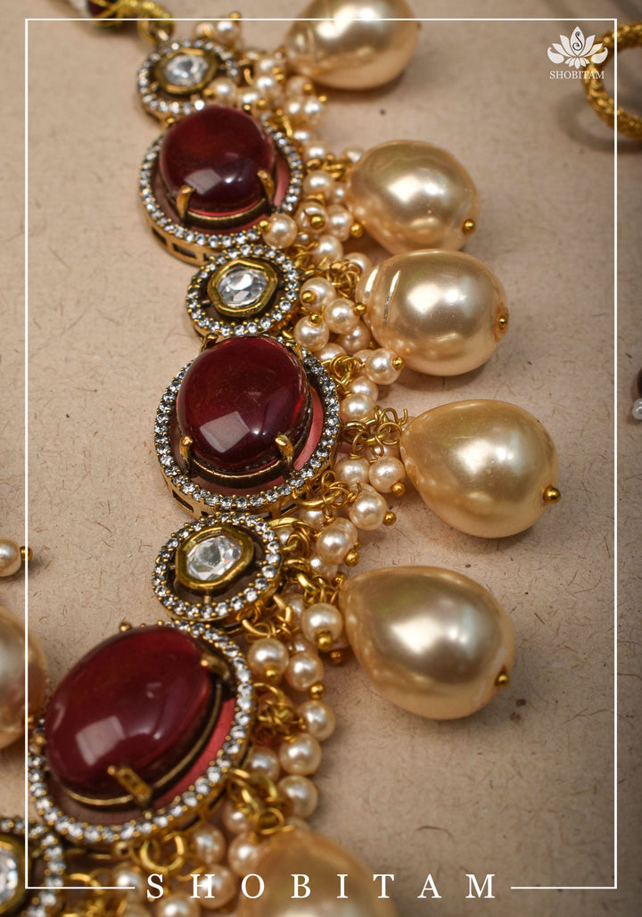 Oval Shape Red stone and Pearl Kundan Necklace Set