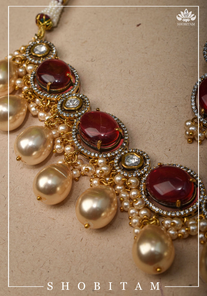 Oval Shape Red stone and Pearl Kundan Necklace Set