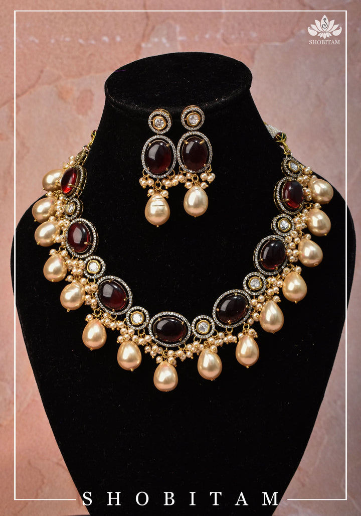 Oval Shape Red stone and Pearl Kundan Necklace Set