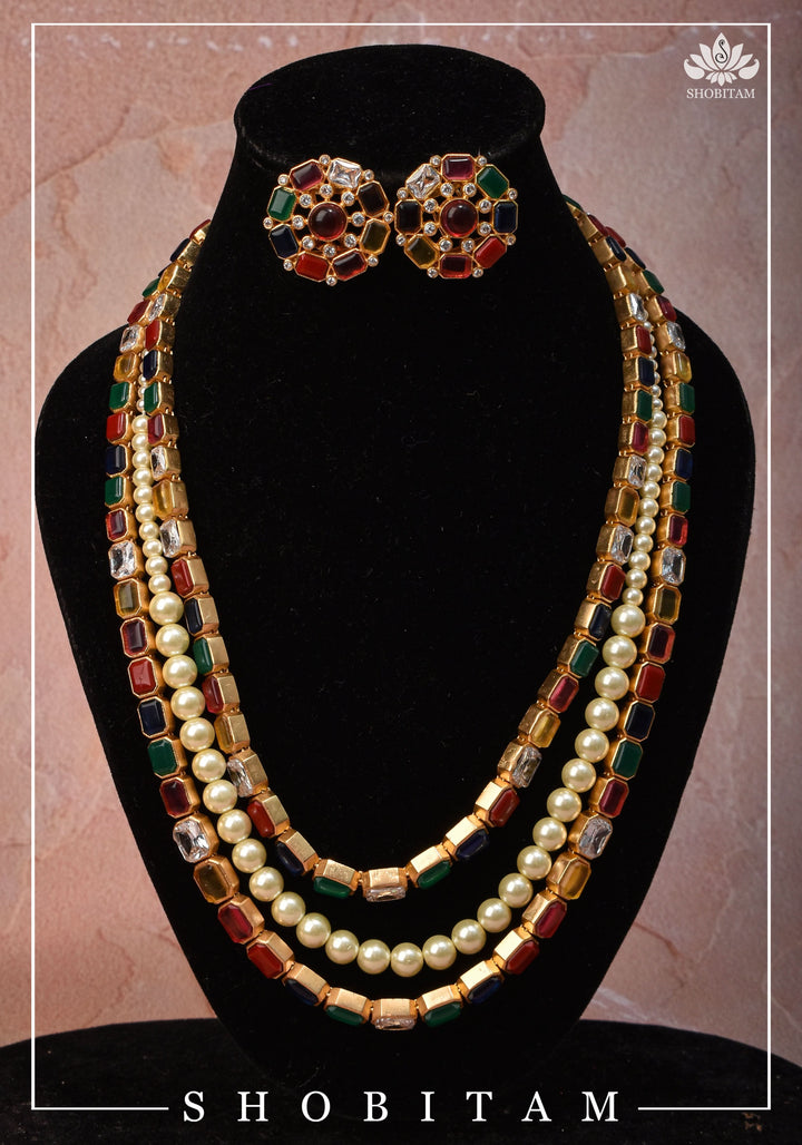 Multi Strand Faux Pearl Royal Long Necklace Set | Shobitam Jewelry