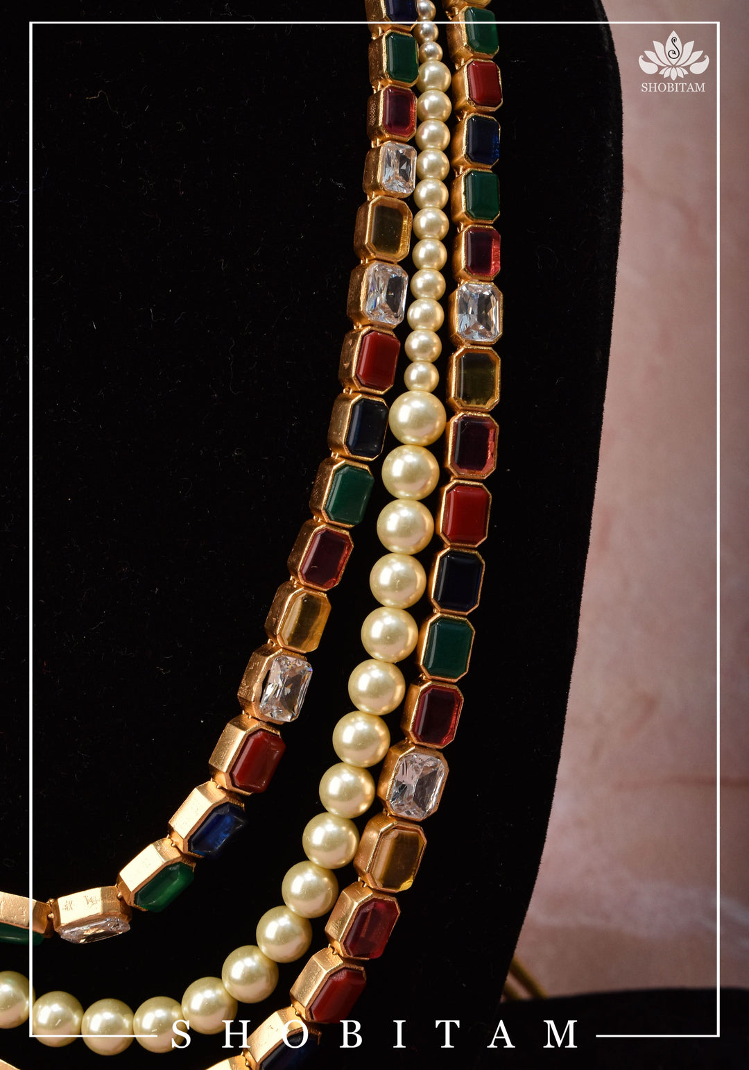 Multi Strand Faux Pearl Royal Long Necklace Set | Shobitam Jewelry