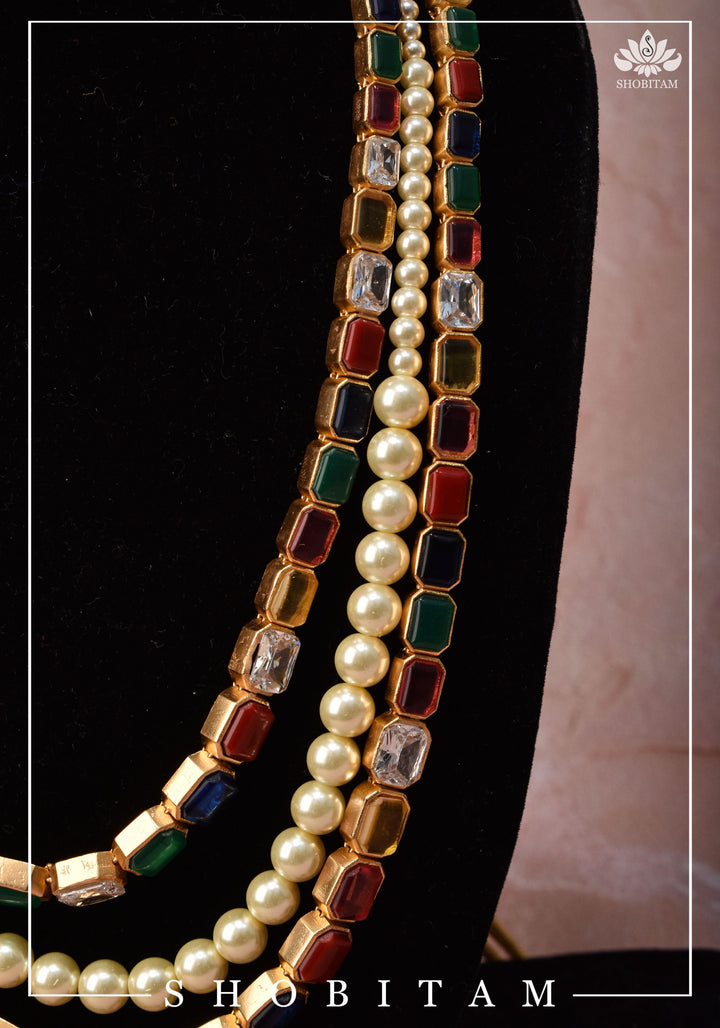 Multi Strand Faux Pearl Royal Long Necklace Set | Shobitam Jewelry