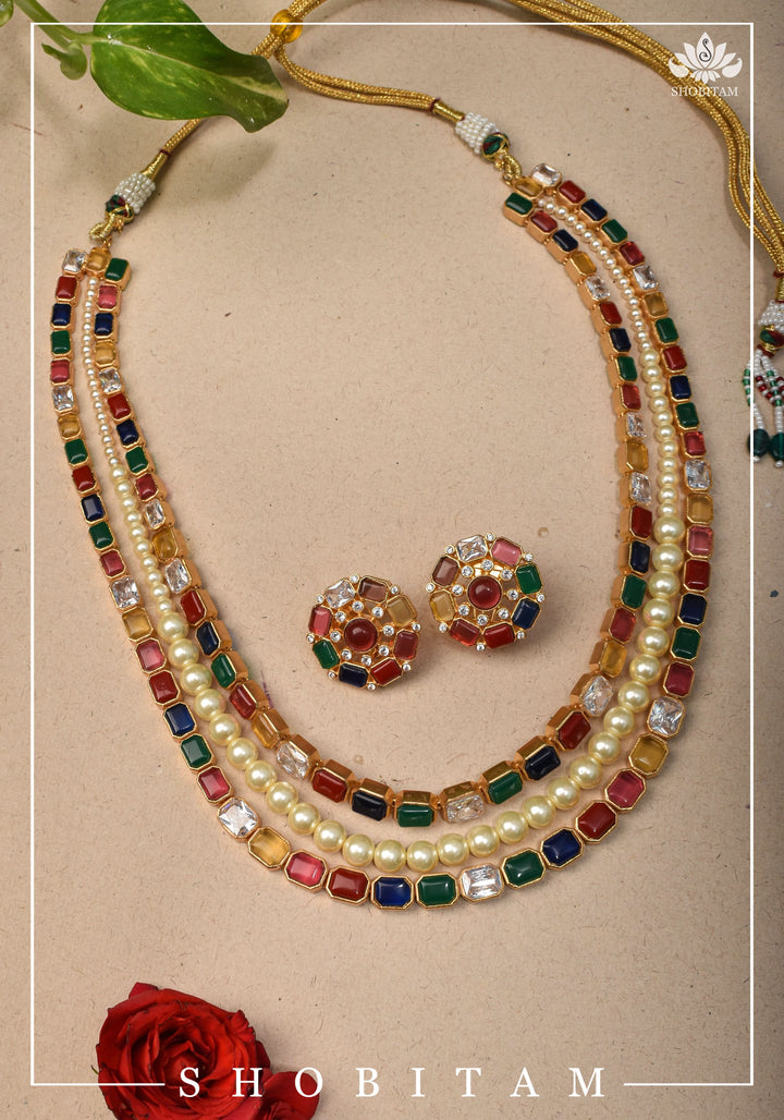 Multi Strand Faux Pearl Royal Long Necklace Set | Shobitam Jewelry