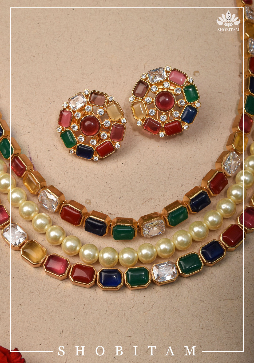 Multi Strand Faux Pearl Royal Long Necklace Set | Shobitam Jewelry