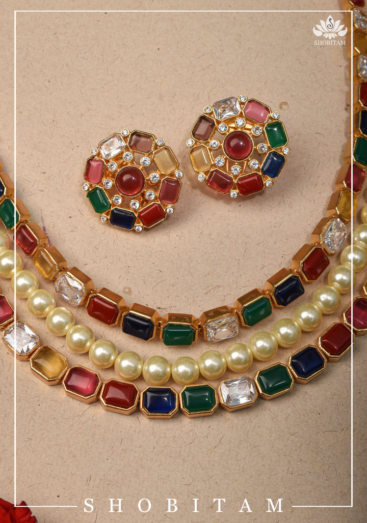 Multi Strand Faux Pearl Royal Long Necklace Set | Shobitam Jewelry