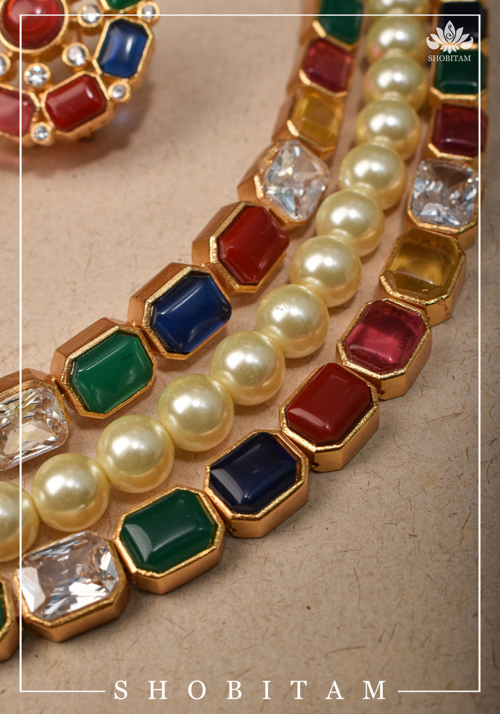 Multi Strand Faux Pearl Royal Long Necklace Set | Shobitam Jewelry