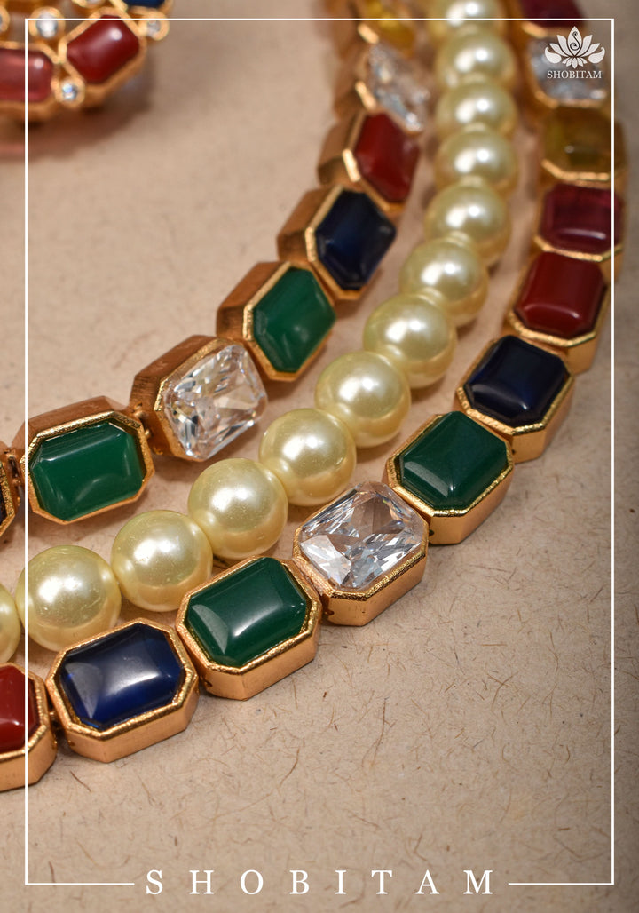 Multi Strand Faux Pearl Royal Long Necklace Set | Shobitam Jewelry