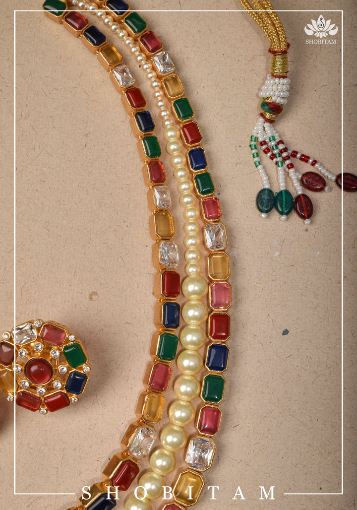 Multi Strand Faux Pearl Royal Long Necklace Set | Shobitam Jewelry