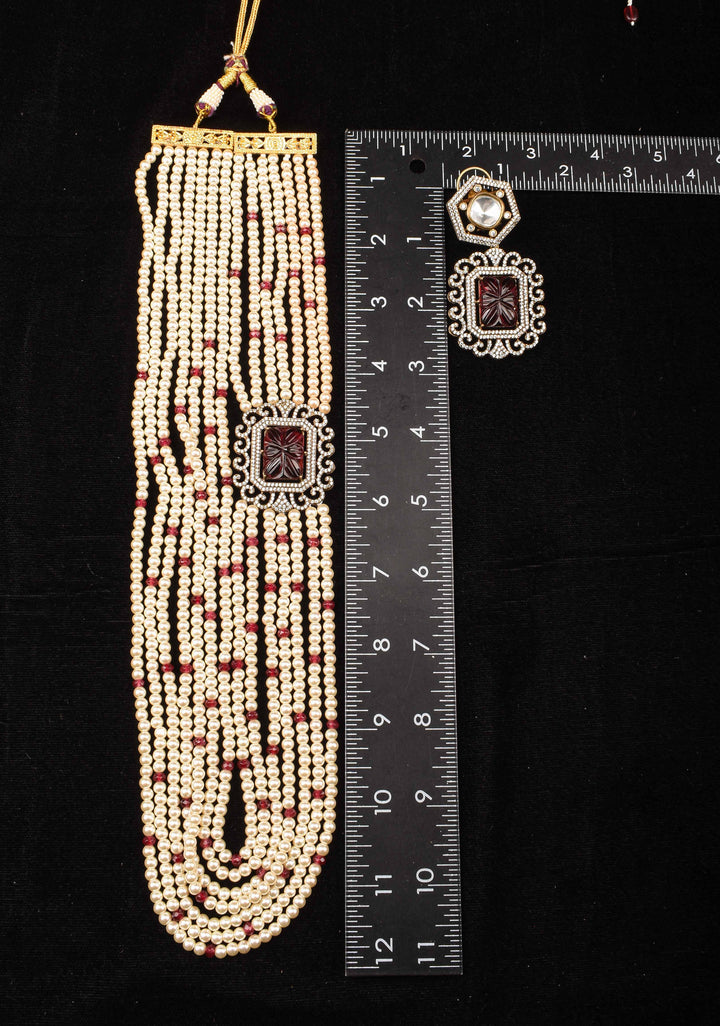 Carved stone unit on Multistrand Haar and Matching Earrings | Shobitam Jewelry