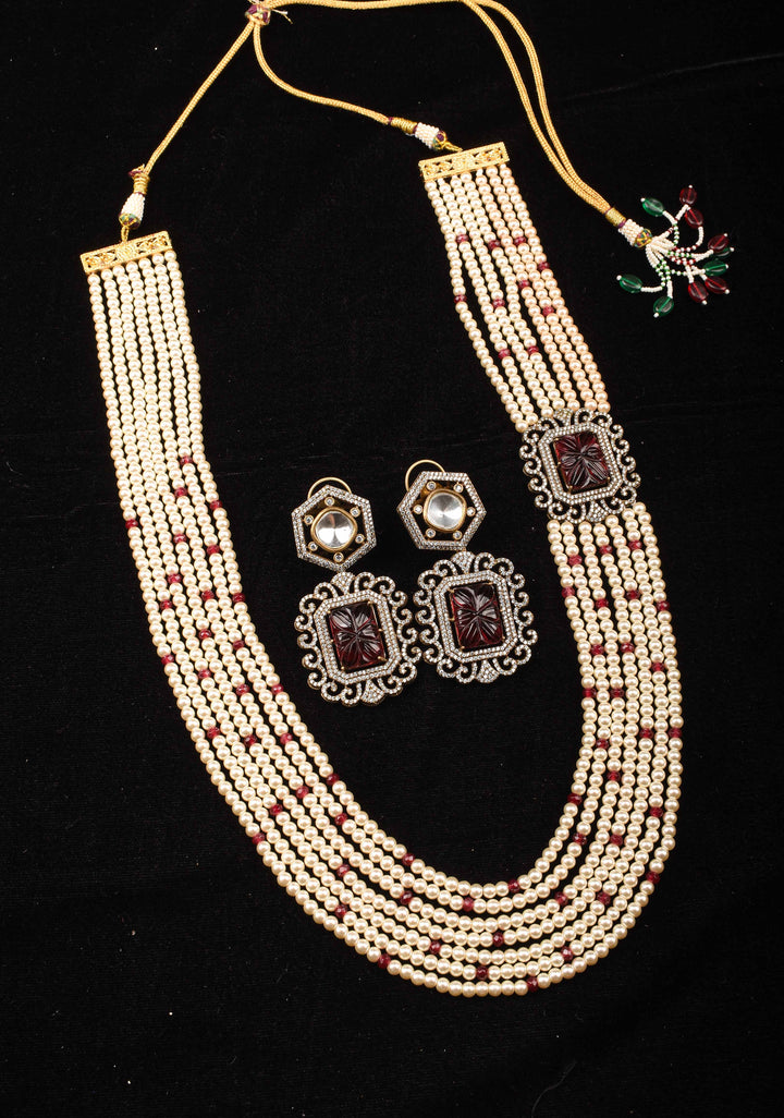 Carved stone unit on Multistrand Haar and Matching Earrings | Shobitam Jewelry
