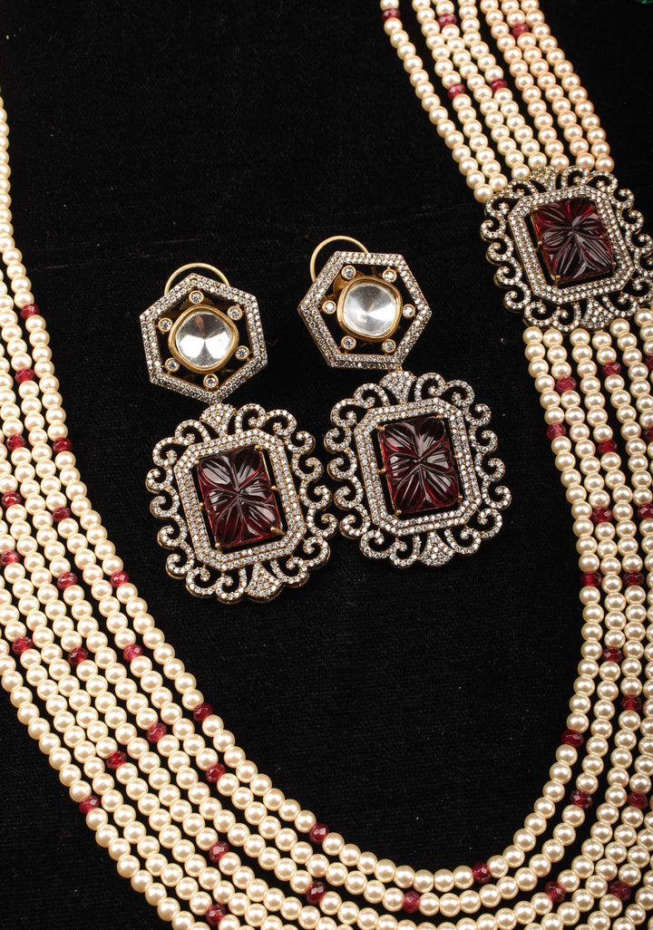 Carved stone unit on Multistrand Haar and Matching Earrings | Shobitam Jewelry