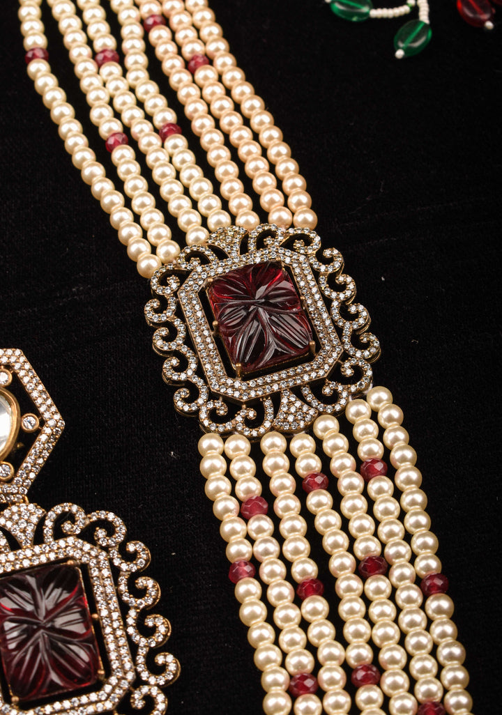 Carved stone unit on Multistrand Haar and Matching Earrings | Shobitam Jewelry