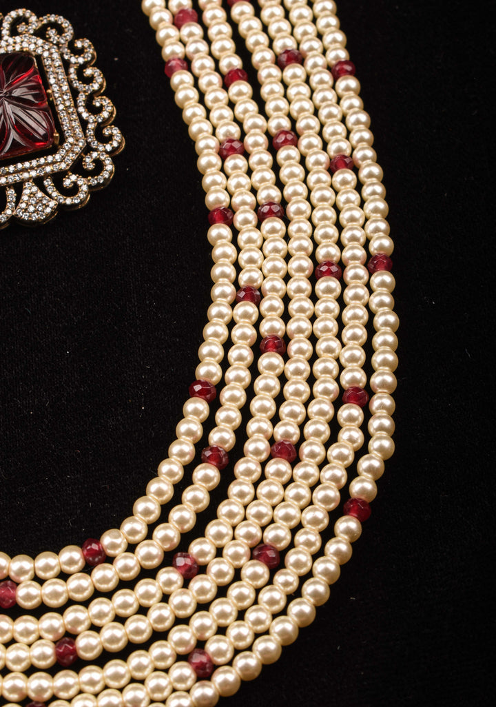 Carved stone unit on Multistrand Haar and Matching Earrings | Shobitam Jewelry
