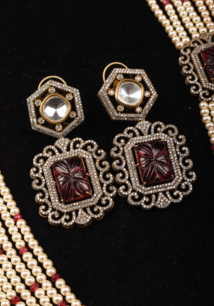Carved stone unit on Multistrand Haar and Matching Earrings | Shobitam Jewelry