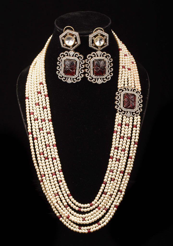 Carved stone unit on Multistrand Haar and Matching Earrings | Shobitam Jewelry