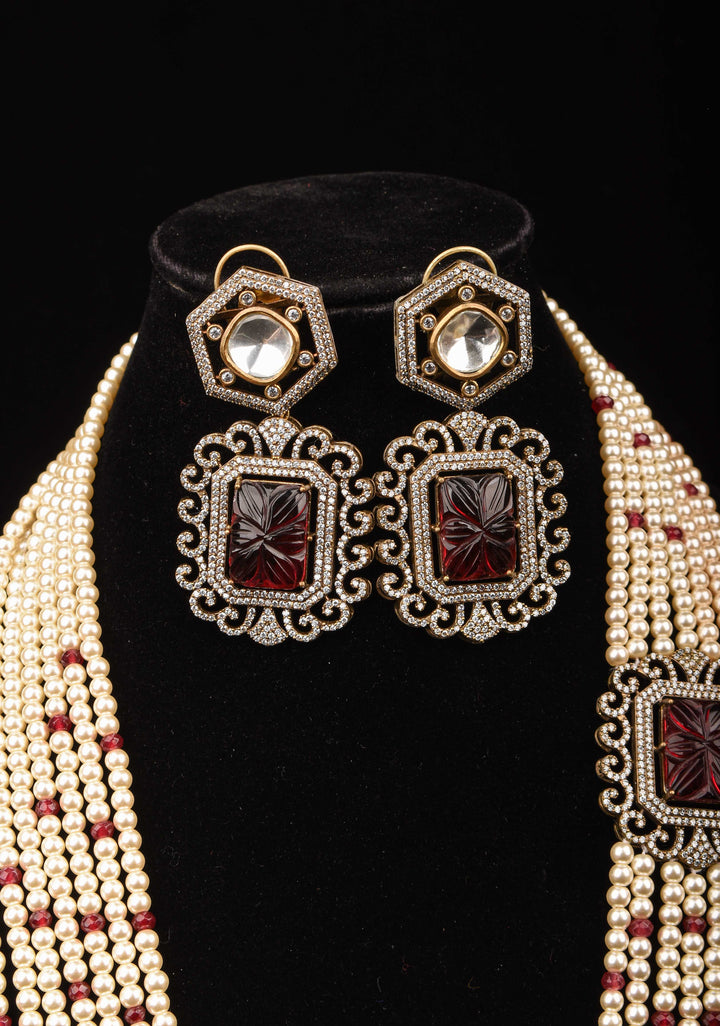 Carved stone unit on Multistrand Haar and Matching Earrings | Shobitam Jewelry