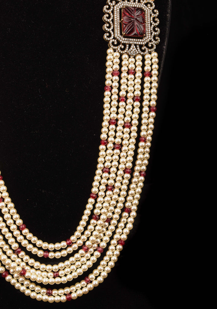 Carved stone unit on Multistrand Haar and Matching Earrings | Shobitam Jewelry