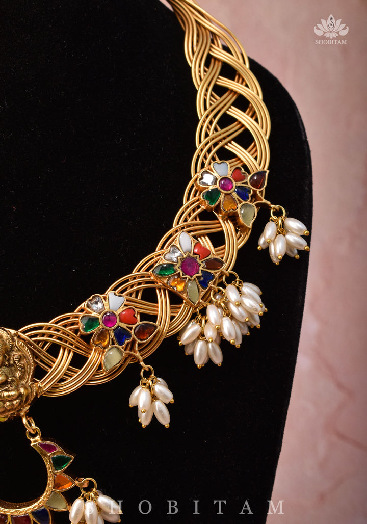 Braided Hasli Carved Lakshmi with Navaratna Stones Necklace Set with Dangling Rice Pearls, No Earrings