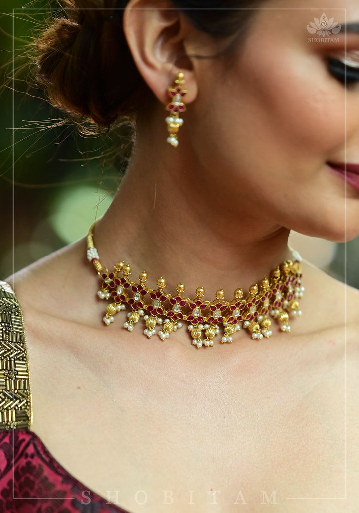 Microplated Kundan Jadau Lightweight Choker set | Shobitam Jewelry