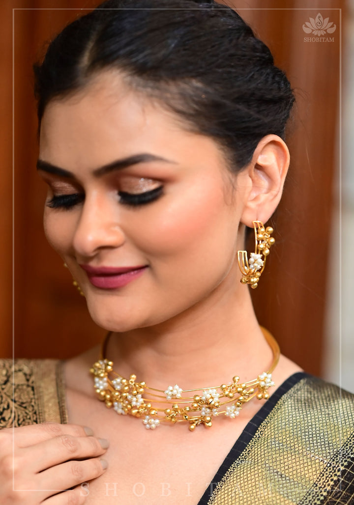 Statement Multi-wire design Neckpiece with White & Gold Attached Beads | Shobitam Jewelry