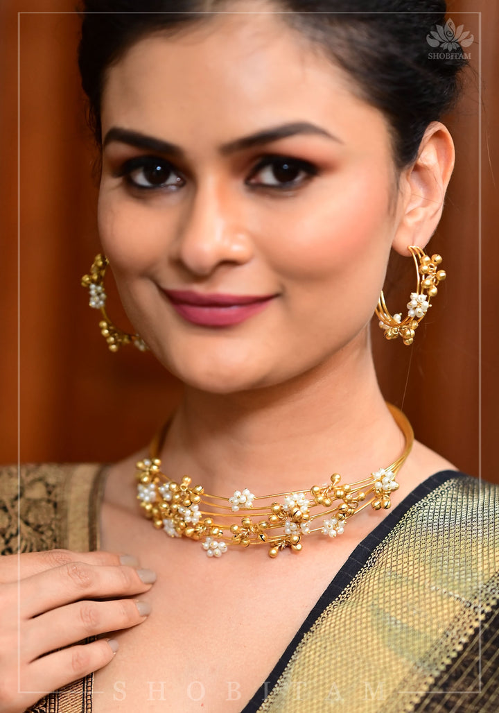 Statement Multi-wire design Neckpiece with White & Gold Attached Beads | Shobitam Jewelry
