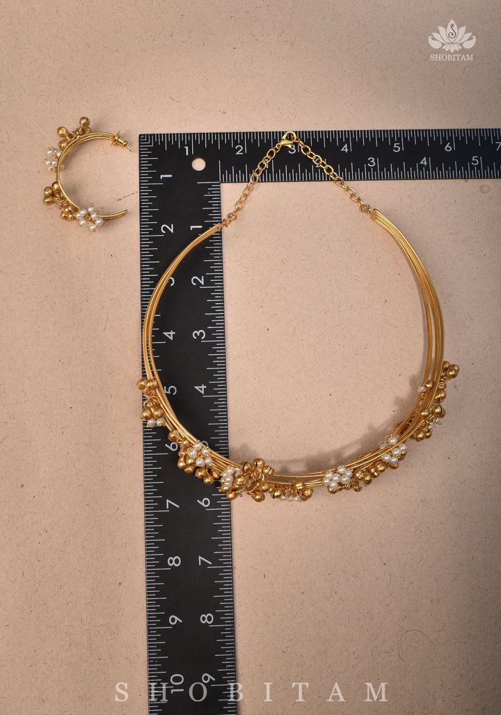 Statement Multi-wire design Neckpiece with White & Gold Attached Beads | Shobitam Jewelry