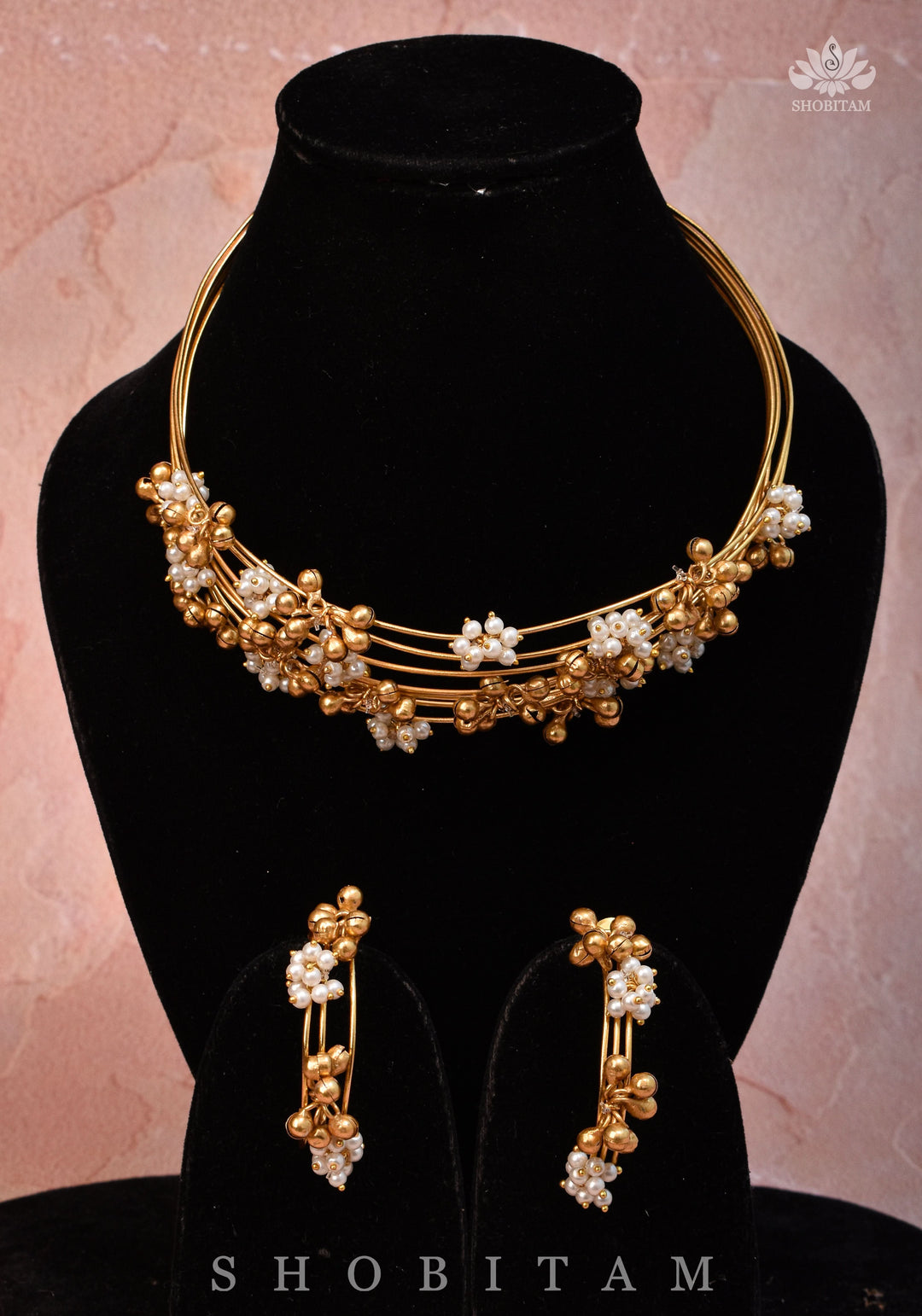 Statement Multi-wire design Neckpiece with White & Gold Attached Beads | Shobitam Jewelry
