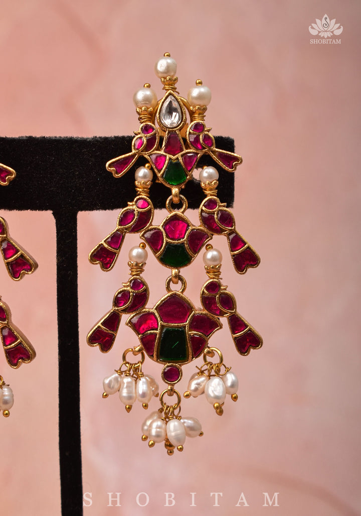 Handcrafted Jadau Statement Twin Bird Design Earrings with Pink and White Stones | Shobitam Jewelry