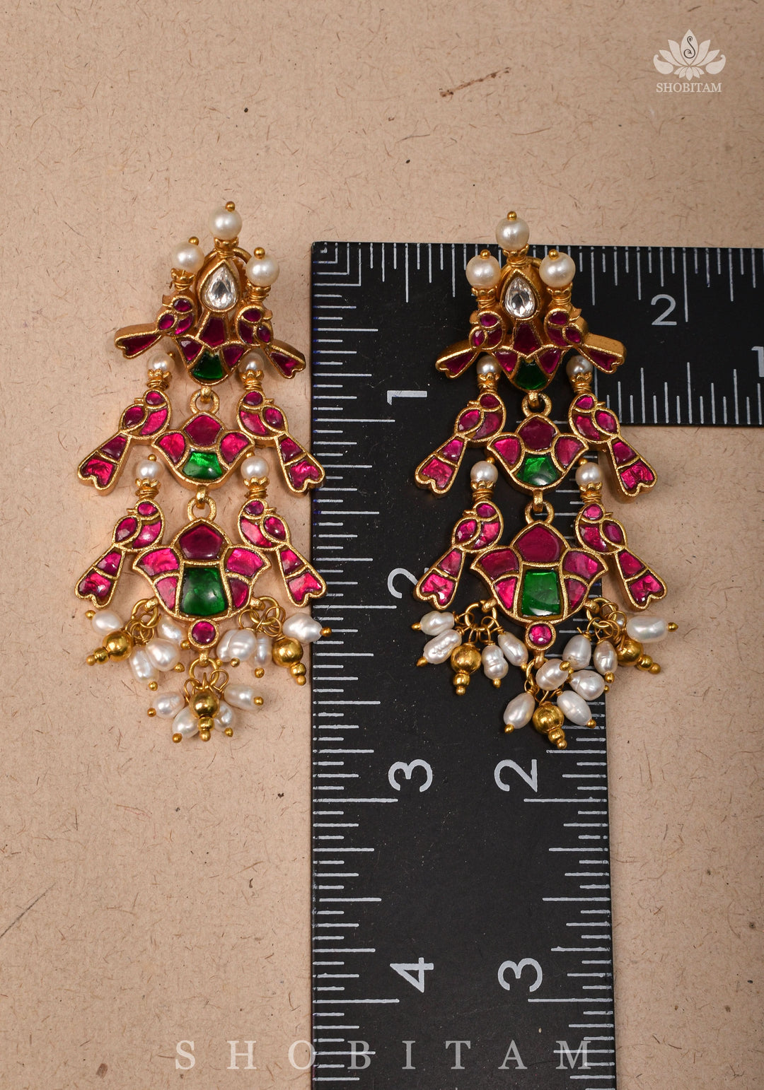 Handcrafted Jadau Statement Twin Bird Design Earrings with Pink and White Stones | Shobitam Jewelry