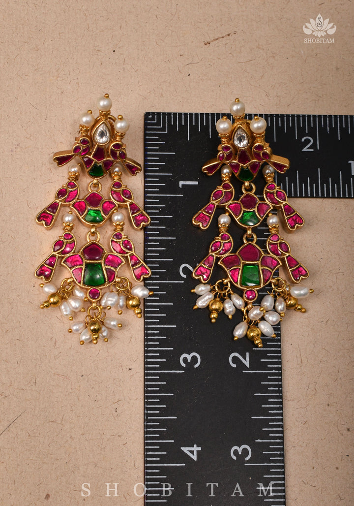 Handcrafted Jadau Statement Twin Bird Design Earrings with Pink and White Stones | Shobitam Jewelry