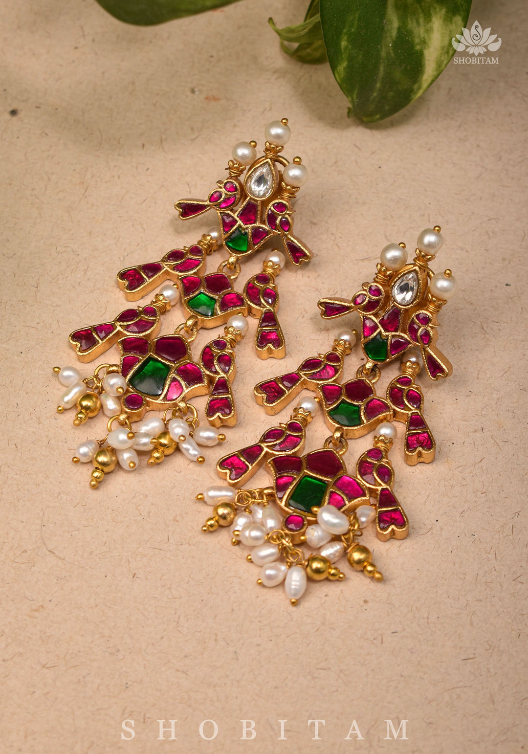 Handcrafted Jadau Statement Twin Bird Design Earrings with Pink and White Stones | Shobitam Jewelry