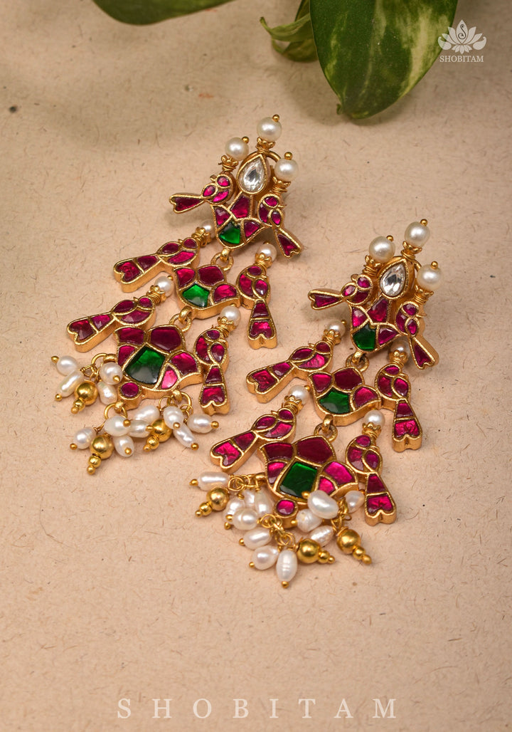 Handcrafted Jadau Statement Twin Bird Design Earrings with Pink and White Stones | Shobitam Jewelry