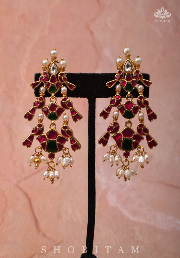 Handcrafted Jadau Statement Twin Bird Design Earrings with Pink and White Stones | Shobitam Jewelry