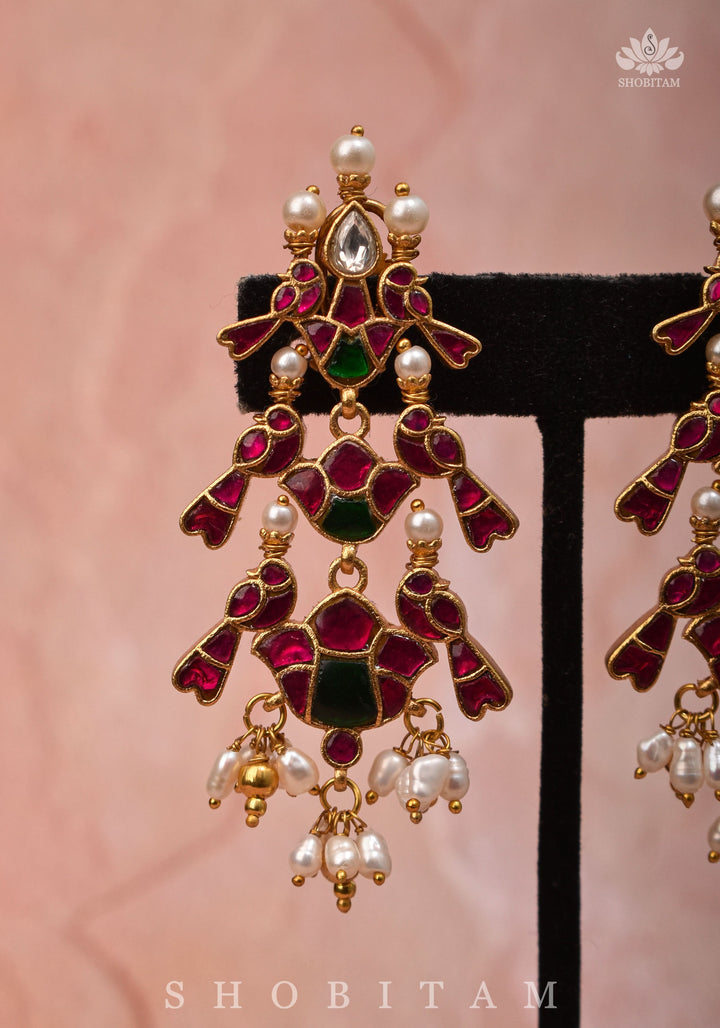 Handcrafted Jadau Statement Twin Bird Design Earrings with Pink and White Stones | Shobitam Jewelry