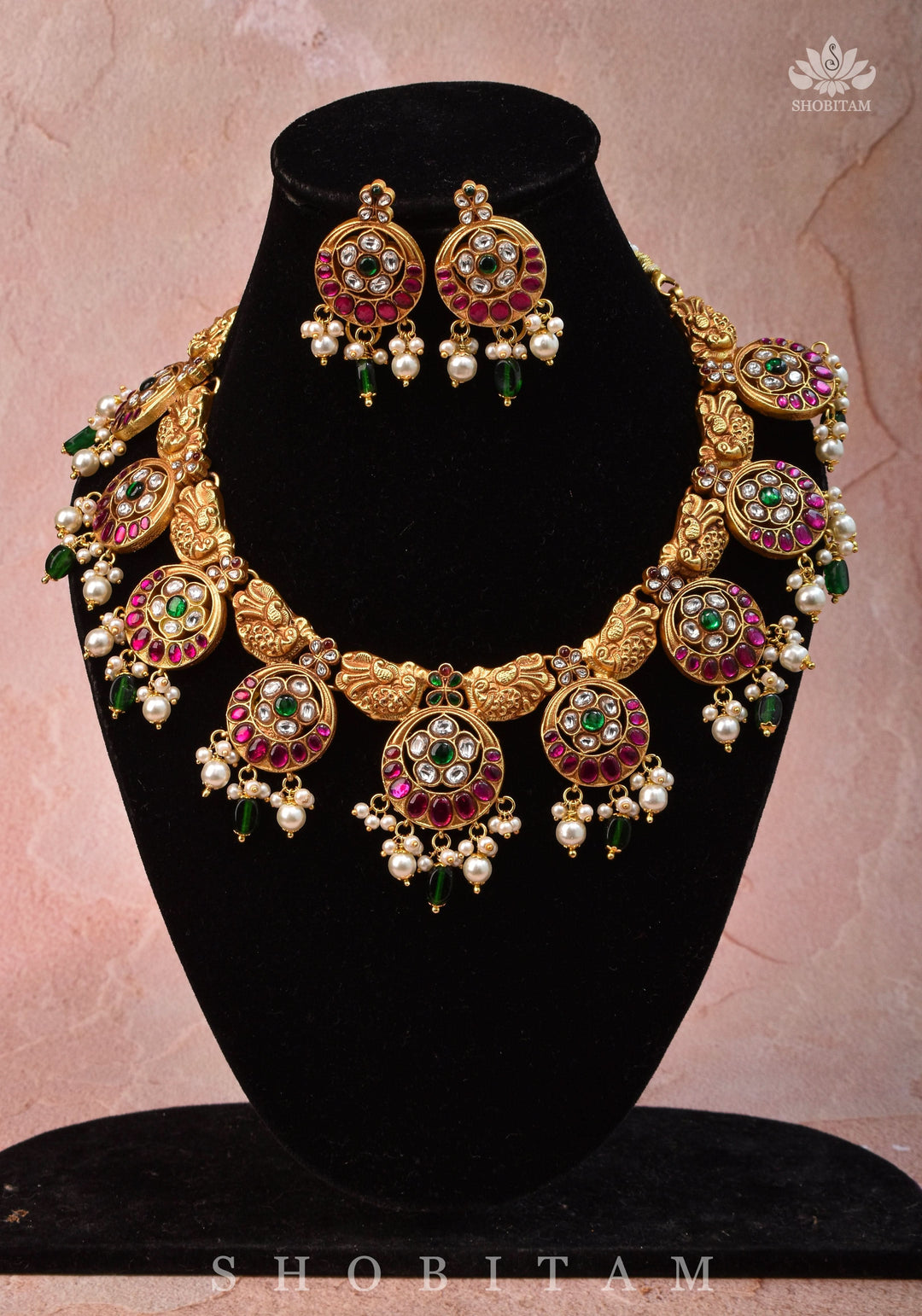 Temple Jewelry Jadau Necklace Set in Moon and Star designs with Gold Finish