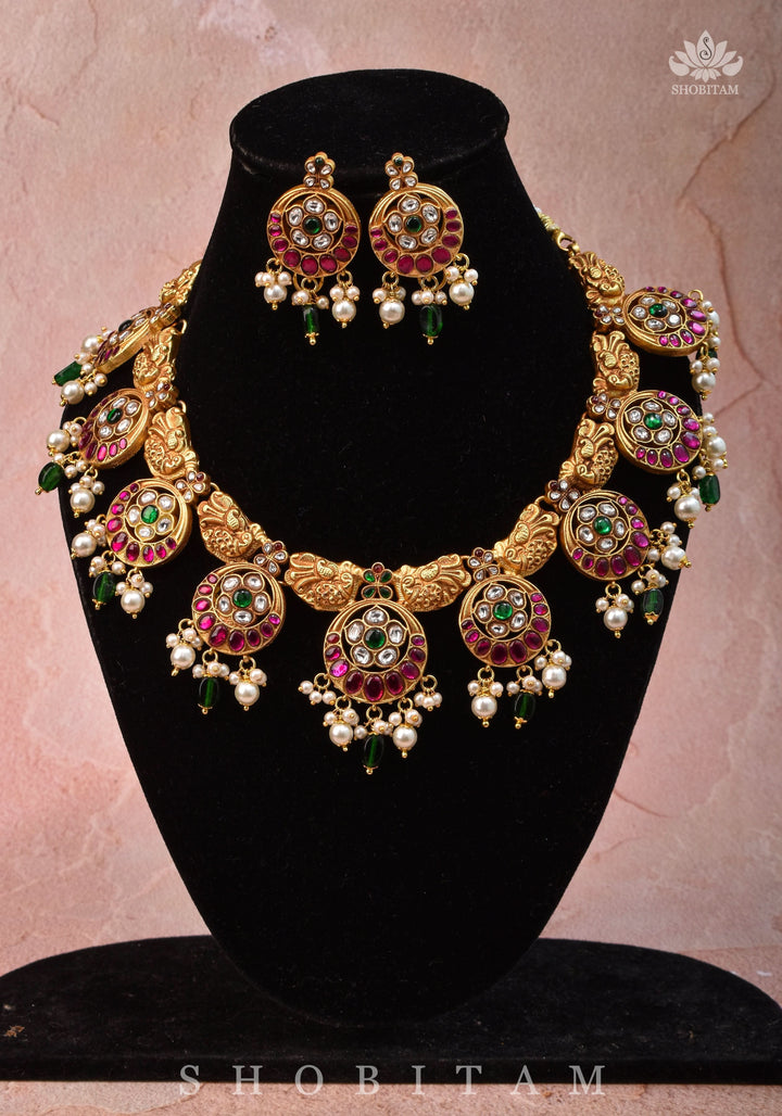 Temple Jewelry Jadau Necklace Set in Moon and Star designs with Gold Finish