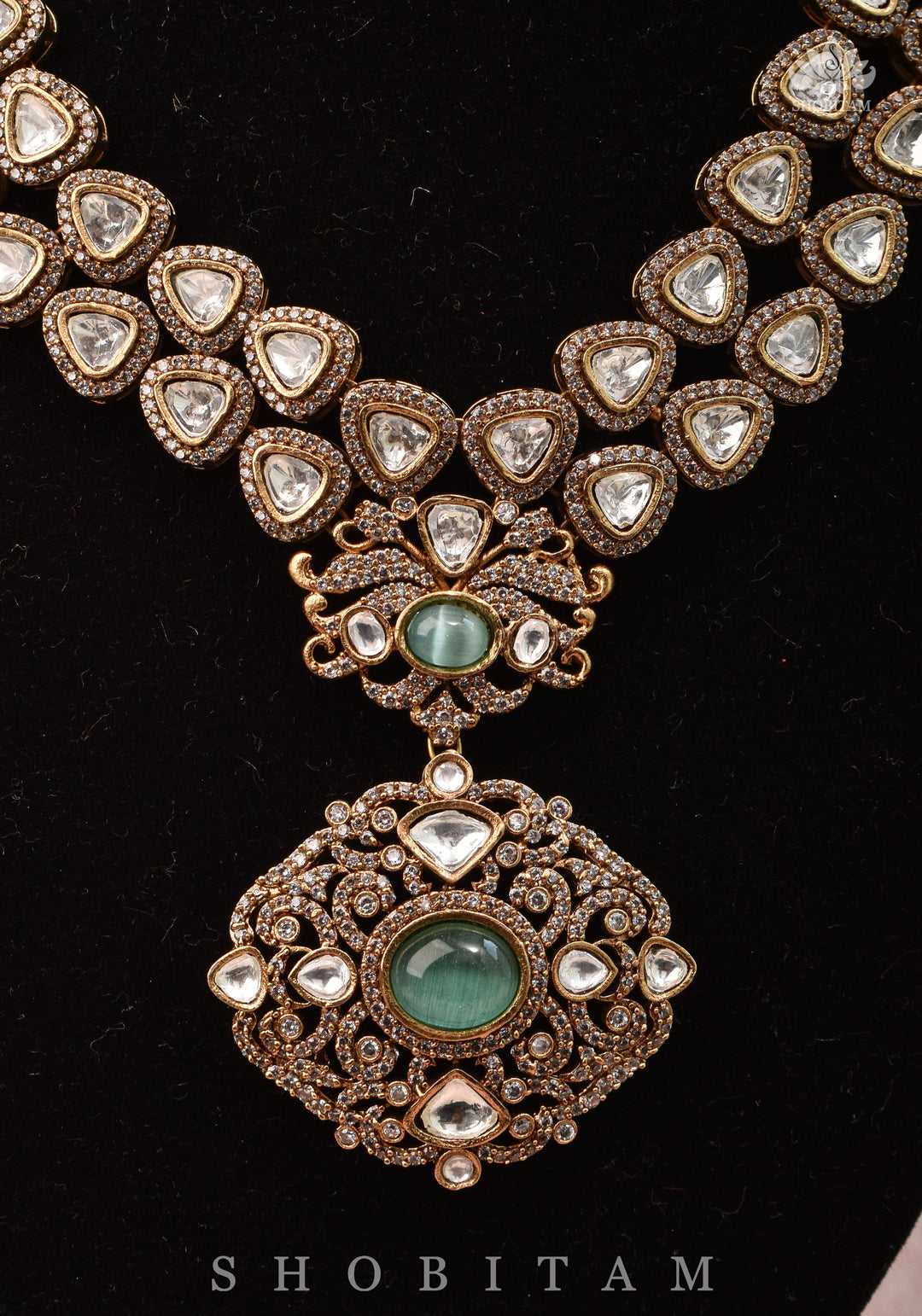 Classic Victorian Design Stone Studded  Necklace Set with White and Green Stones | Shobitam jewelry