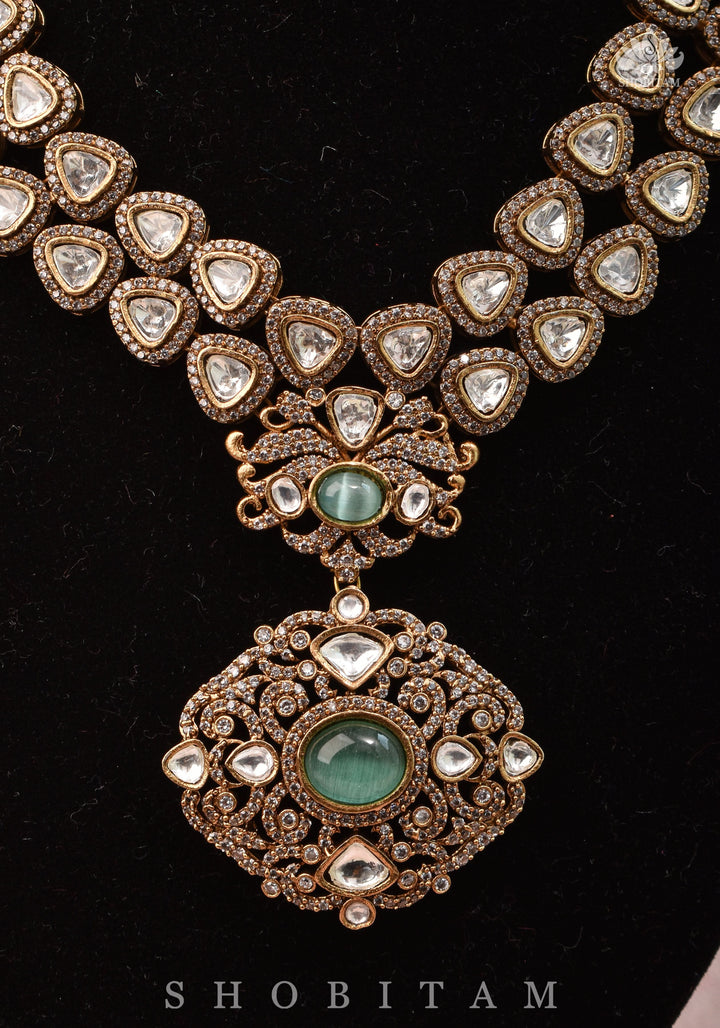 Classic Victorian Design Stone Studded  Necklace Set with White and Green Stones | Shobitam jewelry