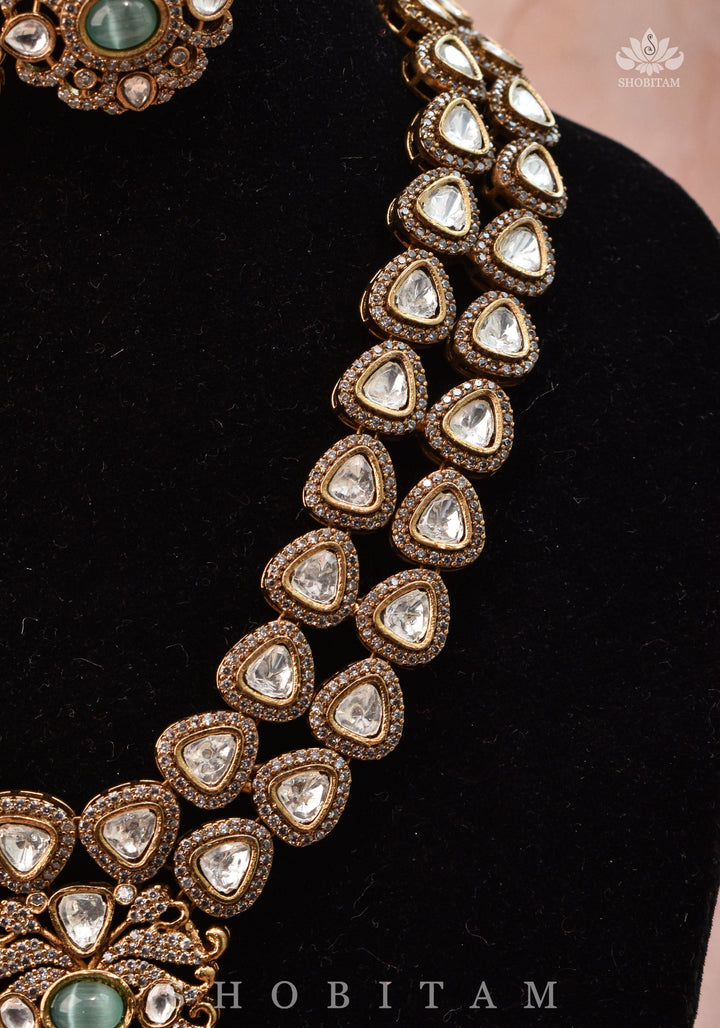 Classic Victorian Design Stone Studded  Necklace Set with White and Green Stones | Shobitam jewelry