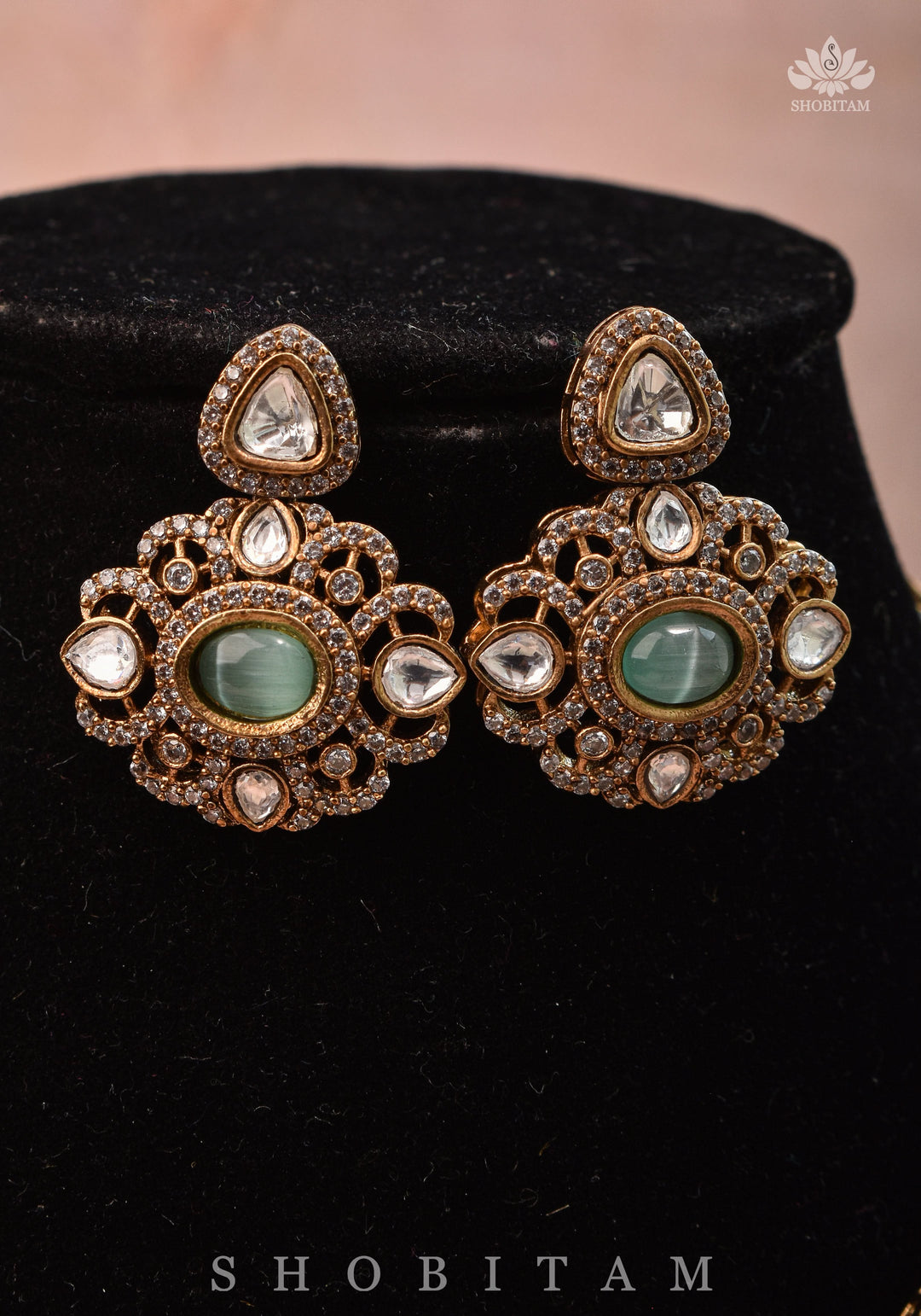 Classic Victorian Design Stone Studded  Necklace Set with White and Green Stones | Shobitam jewelry