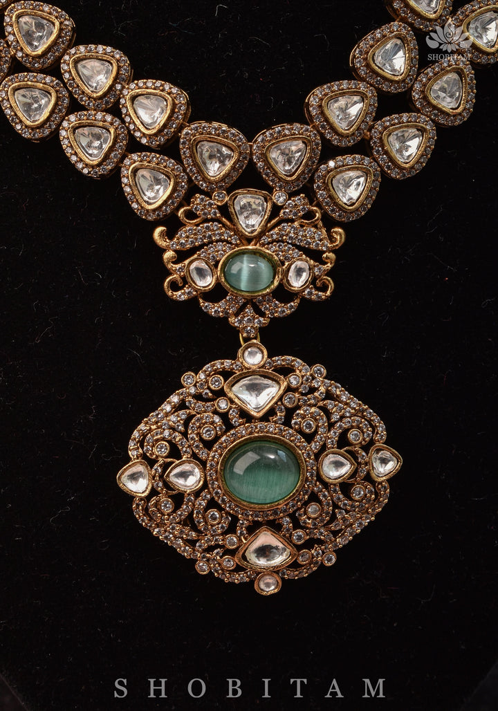 Classic Victorian Design Stone Studded  Necklace Set with White and Green Stones | Shobitam jewelry