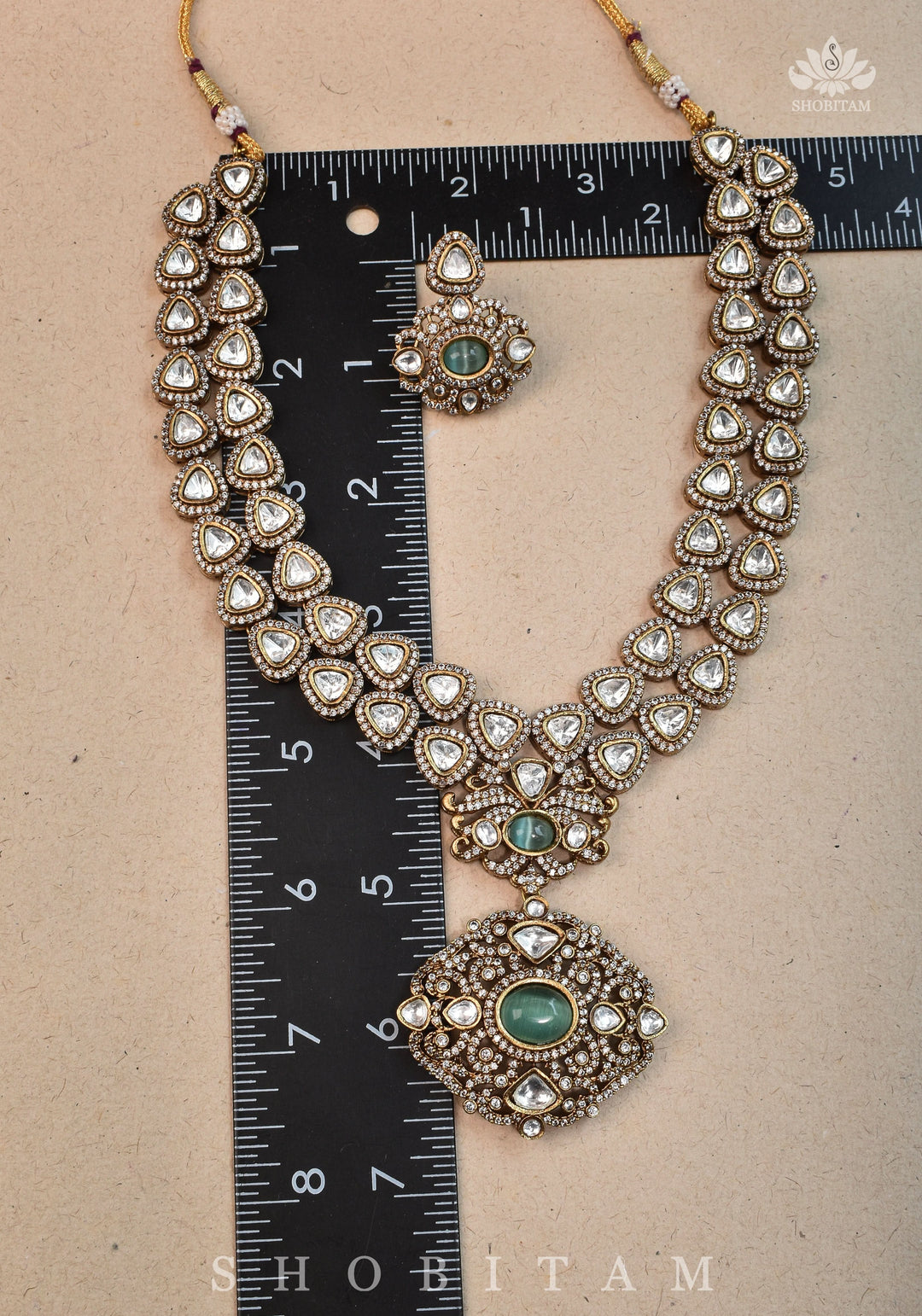 Classic Victorian Design Stone Studded  Necklace Set with White and Green Stones | Shobitam jewelry