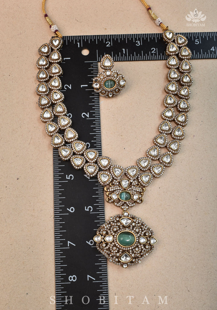 Classic Victorian Design Stone Studded  Necklace Set with White and Green Stones | Shobitam jewelry