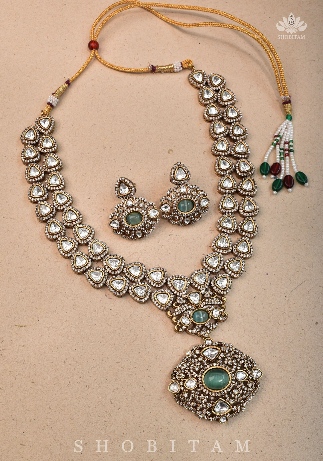 Classic Victorian Design Stone Studded  Necklace Set with White and Green Stones | Shobitam jewelry