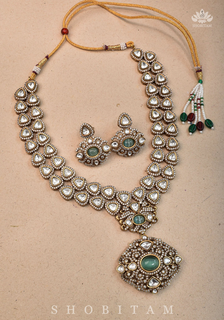 Classic Victorian Design Stone Studded  Necklace Set with White and Green Stones | Shobitam jewelry