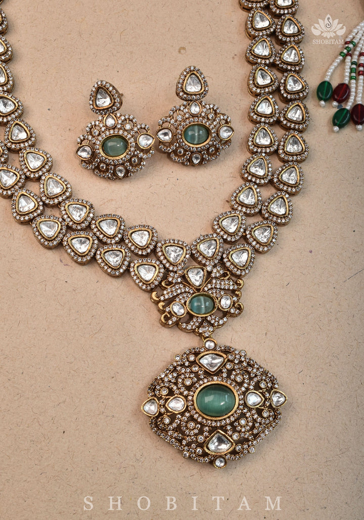 Classic Victorian Design Stone Studded  Necklace Set with White and Green Stones | Shobitam jewelry
